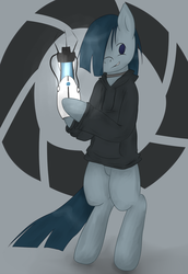 Size: 686x1000 | Tagged: safe, artist:i-am-tet, marble pie, g4, aperture science, bipedal, choker, clothes, female, hoodie, lonely inky, portal (valve), portal gun, solo