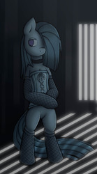 Size: 713x1280 | Tagged: safe, artist:lonelycross, marble pie, earth pony, semi-anthro, g4, bipedal, choker, clothes, collar, corset, female, fishnet stockings, lonely inky, mare, shadow, solo