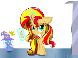 Size: 4128x3096 | Tagged: safe, artist:lovehtf421, sunset shimmer, trixie, pony, unicorn, g4, crackers, duo, food, peanut butter, peanut butter crackers, want