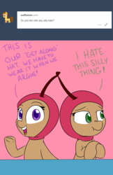 Size: 1241x1920 | Tagged: safe, artist:lockheart, oc, oc only, oc:cherry sweetheart, oc:stella cherry, earth pony, pony, ask, cherry, conjoined hat, dialogue, embarrassed, food, hat, looking at you, looking away, open mouth, scrunchy face, speech, text, tumblr