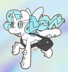 Size: 2000x2091 | Tagged: safe, artist:rosexknight, oc, oc only, oc:marathon, changeling, original species, female, high res, holeless, ice, ice changeling, mailbag, smiling, solo