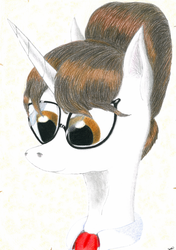Size: 708x1004 | Tagged: safe, artist:pony-from-everfree, raven, pony, unicorn, g4, assistant, bust, clothes, collar, glasses, portrait, solo, traditional art