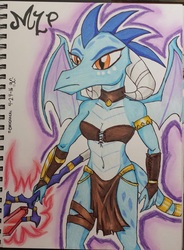 Size: 1342x1827 | Tagged: safe, artist:emichaca, princess ember, dragon, anthro, g4, bandeau, belly button, bloodstone scepter, clothes, dragon lord ember, female, loincloth, midriff, solo, traditional art