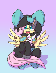 Size: 1484x1920 | Tagged: safe, artist:zanefir-dran, fluttershy, pegasus, pony, g4, blue background, bunny ears, clothes, costume, cute, dangerous mission outfit, female, goggles, gradient background, hoodie, looking at you, mare, newbie artist training grounds, oversized clothes, pink background, shyabetes, simple background, smiling, solo