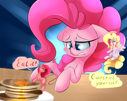 Size: 3400x2700 | Tagged: safe, artist:madacon, pinkie pie, surprise, angel, devil, earth pony, pegasus, pony, g4, blue background, conscience, dialogue, exclamation point, female, floppy ears, food, halo, high res, mare, newbie artist training grounds, open mouth, pancakes, pinkamena diane pie, plate, shoulder angel, shoulder devil, simple background, speech bubble, sweat, syrup, table, temptation, trinity pie