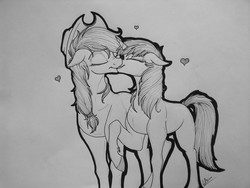 Size: 1632x1224 | Tagged: safe, artist:lupiarts, applejack, oc, oc:silverlay, pony, g4, black and white, canon x oc, female, grayscale, heart, kissing, lesbian, mare, monochrome, romance, shipping, silverjack