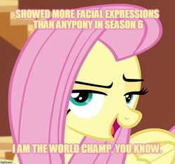 Size: 806x759 | Tagged: safe, edit, edited screencap, screencap, fluttershy, g4, season 6, bedroom eyes, blatant lies, caption, female, fluttershy is best facemaker, image macro, meme, solo, yellow text