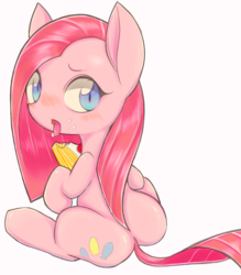 Size: 1122x1280 | Tagged: safe, artist:91o42, artist:ccc, pinkie pie, earth pony, pony, g4, blushing, cake, female, food, mare, pinkamena diane pie, simple background, solo, tongue out, white background
