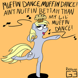Size: 1000x1000 | Tagged: safe, artist:riokenng3, derpy hooves, pegasus, pony, g4, bipedal, dancing, female, food, muffin, simple background, singing, solo, underhoof