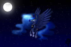 Size: 3000x2000 | Tagged: safe, artist:fellabyss, princess luna, g4, female, flying, high res, magic, moon, night, solo, stars