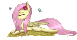Size: 2287x1198 | Tagged: safe, artist:darkbloodweapon, fluttershy, butterfly, g4, cute, eyes closed, female, flower, flower in hair, prone, shyabetes, simple background, solo, transparent background
