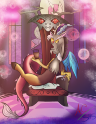 Size: 1024x1325 | Tagged: safe, artist:animechristy, discord, g4, chocolate, chocolate milk, discord's throne, grin, male, milk, sitting, smiling, solo, throne