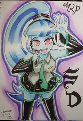 Size: 1295x1893 | Tagged: safe, artist:emichaca, sonata dusk, equestria girls, g4, clothes, cosplay, costume, crossover, female, hatsune miku, ponytail, solo, traditional art, vocaloid