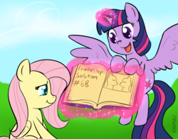 Size: 1000x783 | Tagged: safe, artist:empyu, fluttershy, twilight sparkle, alicorn, pegasus, pony, g4, 30 minute art challenge, book, duo, female, flying, implied twishy, magic, mare, telekinesis, twilight sparkle (alicorn)