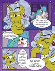 Size: 2550x3300 | Tagged: safe, artist:spacepig22, artist:squishy-and-squashy, artist:t-3000, princess celestia, oc, oc:squishy, alicorn, pony, g4, angst, blushing, comic, crying, drunklestia, hat, high res, lampshade, lampshade hat
