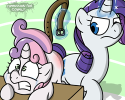 Size: 1000x800 | Tagged: safe, artist:pokefound, rarity, sweetie belle, pony, unicorn, g4, abuse, belt, crying, female, filly, foal, magic, mare, punishment, raised tail, reddened butt, sisters, spanked, spanking, sweetiebuse, tail, telekinesis