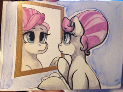 Size: 1136x852 | Tagged: safe, artist:whale, rosetta, earth pony, pony, g4, female, mare, mirror, raised hoof, sad, sink, solo, traditional art, watercolor painting