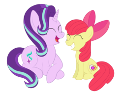 Size: 2592x1936 | Tagged: safe, artist:squipycheetah, apple bloom, starlight glimmer, earth pony, pony, unicorn, g4, adorabloom, alternate cutie mark, crossed arms, crossed hooves, cute, cutie mark, duo, eyes closed, female, filly, friendship, glimmerbetes, hanging out, happy, mare, open mouth, simple background, sitting, smiling, the cmc's cutie marks, transparent background, vector