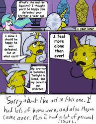 Size: 2550x3300 | Tagged: safe, artist:spacepig22, artist:squishy-and-squashy, artist:t-3000, princess celestia, oc, oc:squishy, g4, angst, comic, crying, high res, low quality, meta, time skip