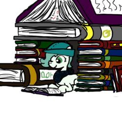 Size: 640x600 | Tagged: safe, artist:ficficponyfic, color edit, edit, oc, oc only, oc:emerald jewel, colt quest, bandana, book, book fort, color, colored, colt, cute, cyoa, foal, hat, male, page, pages, reading, solo