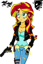 Size: 828x1233 | Tagged: safe, artist:emichaca, sunset shimmer, equestria girls, g4, breasts, busty sunset shimmer, cleavage, clothes, crying, female, fingerless gloves, gloves, gun, torn clothes, weapon, zombie apocalypse