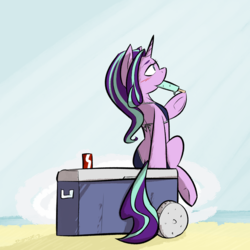 Size: 1000x1000 | Tagged: dead source, safe, artist:thattagen, starlight glimmer, pony, unicorn, g4, beach, bikini, clothes, food, horn, ice box, ice cream, newbie artist training grounds, sea salt ice cream, soda, swimsuit