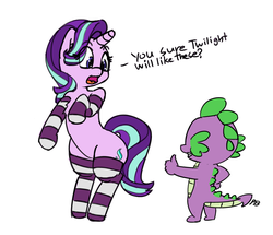 Size: 1280x1103 | Tagged: safe, artist:pabbley, spike, starlight glimmer, dragon, pony, unicorn, g4, bipedal, clothes, female, implied twistarlight, male, mare, open mouth, question, simple background, smiling, socks, striped socks, thumbs up, white background