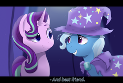 Size: 1280x871 | Tagged: safe, artist:okayowl, starlight glimmer, trixie, pony, unicorn, g4, no second prances, female, mare, scene interpretation, trixie's hat