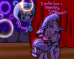 Size: 1024x819 | Tagged: safe, artist:artypaints, starlight glimmer, trixie, pony, unicorn, g4, no second prances, blushing, cute, female, lesbian, mare, ship:startrix, shipping, trixie's cape, trixie's hat