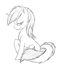 Size: 1600x2000 | Tagged: safe, artist:vistamage, lyra heartstrings, pony, unicorn, g4, chest fluff, female, grayscale, hatching (technique), lidded eyes, lineart, monochrome, side view, sitting, solo