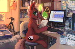 Size: 700x462 | Tagged: safe, artist:rodrigues404, oc, oc only, oc:sojourner, pony, unicorn, animated, computer, gif, levitation, looking at you, magic, smiling, solo, telekinesis
