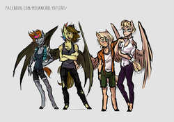 Size: 1600x1124 | Tagged: safe, artist:lya, bat pony, pegasus, unicorn, anthro, art trade, blouse, clothes, glasses, jeans, laughing, male, pants, shirt, shorts, smiling, standing, wings