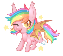 Size: 693x614 | Tagged: safe, artist:artistic-twist, oc, oc only, oc:paper stars, bat pony, pony, amputee, bandage, cute, cute little fangs, ear fluff, fangs, looking at you, simple background, transparent background