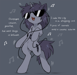 Size: 935x912 | Tagged: dead source, safe, artist:hioshiru, oc, oc only, oc:kate, pony, bipedal, dancing, earbuds, mp3 player, music notes, open mouth, panic! at the disco, singing, smiling, solo, song reference, sunglasses