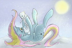 Size: 1133x755 | Tagged: safe, artist:dryayberg, oc, oc only, oc:arctic sunbeam, arctic fox, pony, duo, on back, snow, snowfall