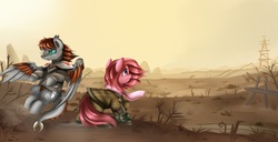 Size: 3911x1998 | Tagged: safe, artist:pridark, oc, oc only, oc:chosen heart, oc:funeral dirge, earth pony, pony, fallout equestria, clothes, commission, duo, fallout, floating, wasteland, wavy