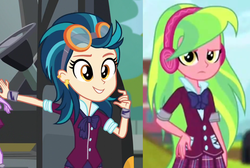 Size: 882x592 | Tagged: safe, indigo zap, lemon zest, sci-twi, twilight sparkle, equestria girls, g4, clothes, crystal prep academy uniform, goggles, headphones, school uniform