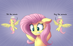 Size: 1674x1074 | Tagged: safe, artist:vanillaghosties, fluttershy, pegasus, pony, g4, animal, choice, conscience, cute, dialogue, shoulder angel, shyabetes