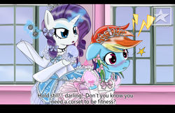 Size: 3500x2262 | Tagged: safe, artist:avchonline, rainbow dash, rarity, pony, g4, ballerina, ballet, bipedal, canterlot royal ballet academy, clothes, corset, dress, engrish, high res, jewelry, letterboxing, puffy sleeves, rainbow dash always dresses in style, sewing, tiara, tomboy taming, tutu