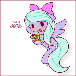Size: 1125x1125 | Tagged: safe, artist:symbianl, part of a set, flitter, pegasus, pony, blushing, bow, chibi, confused, cube, cute, dialogue, female, hair bow, mare, open mouth, part of a series, rubik's cube, simple background, solo, symbianl's chibis, white background