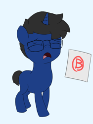 Size: 540x720 | Tagged: safe, artist:triplesevens, oc, oc only, oc:lucid dream, pony, unicorn, colt, crying, cute, foal, glasses, grades, male, paper, sad, score, simple background, solo, test, young, younger