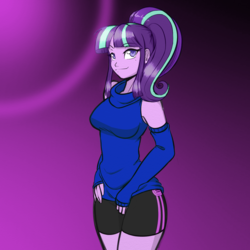 Size: 1024x1024 | Tagged: safe, artist:ixalon, artist:scorpdk, color edit, edit, starlight glimmer, human, equestria girls, g4, arm warmers, clothes, colored, compression shorts, equestria girls-ified, eyebrows, eyebrows visible through hair, female, looking at you, raised eyebrow, shorts, sleeveless turtleneck, smiling, smiling at you, solo