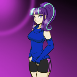 Size: 1024x1024 | Tagged: safe, artist:ixalon, artist:scorpdk, color edit, edit, starlight glimmer, human, g4, arm warmers, bike shorts, breasts, busty starlight glimmer, clothes, colored, compression shorts, eyebrows, eyebrows visible through hair, female, humanized, looking at you, raised eyebrow, shorts, sleeveless turtleneck, smiling, smiling at you, solo