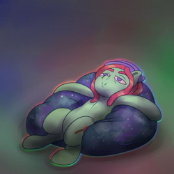 Size: 3000x3000 | Tagged: safe, artist:askamberfawn, tree hugger, g4, 30 minute art challenge, beanbag chair, beanie, dreadlocks, explicit source, hat, high res, hippie, implied drug use, red eyes, relaxing, solo, tripping