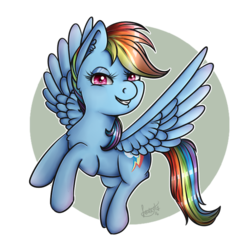 Size: 800x800 | Tagged: safe, artist:lokkyta, rainbow dash, g4, backwards cutie mark, female, grin, looking at you, simple background, smiling, solo