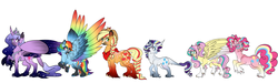 Size: 5000x1500 | Tagged: dead source, safe, artist:dreamyeevee, applejack, fluttershy, pinkie pie, rainbow dash, rarity, twilight sparkle, alicorn, classical unicorn, pony, g4, alternate universe, braid, braided tail, cloven hooves, coat markings, colored wings, colored wingtips, curved horn, ethereal mane, eye scar, eyepatch, high res, horn, jewelry, leonine tail, line-up, mane six, missing eye, multicolored wings, rainbow feathers, rainbow power, rainbow wings, redesign, regalia, scar, simple background, socks (coat markings), starry mane, tail feathers, twilight sparkle (alicorn), unshorn fetlocks, white background