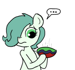 Size: 640x600 | Tagged: safe, artist:ficficponyfic, artist:methidman, color edit, edit, oc, oc only, oc:emerald jewel, earth pony, pony, colt quest, ..., bowl, child, colored, colt, cyoa, danger, foal, hair over one eye, male, stew, unsure