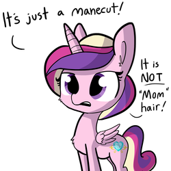 Size: 1280x1280 | Tagged: safe, artist:tjpones, princess cadance, alicorn, pony, g4, alternate hairstyle, blatant lies, cute, cutedance, denial, dialogue, female, implied flurry heart, maternal coiffure, mom hair, open mouth, politics in the comments, simple background, solo, tjpones is trying to murder us, white background