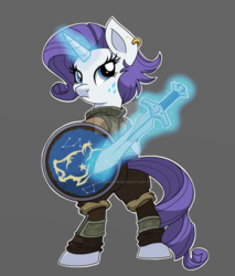 Size: 800x941 | Tagged: safe, artist:itstaylor-made, rarity, pony, semi-anthro, g4, alternative cutie mark placement, bipedal, clothes, ear piercing, earring, female, glowing horn, horn, jewelry, magic, piercing, rear view, shield, skyrim, solo, sword, telekinesis, the elder scrolls, watermark, weapon