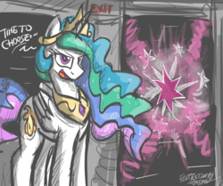 Size: 2359x1973 | Tagged: safe, artist:flutterthrash, princess celestia, alicorn, pony, g4, crossover, dialogue, female, g-man, half-life, portal, solo